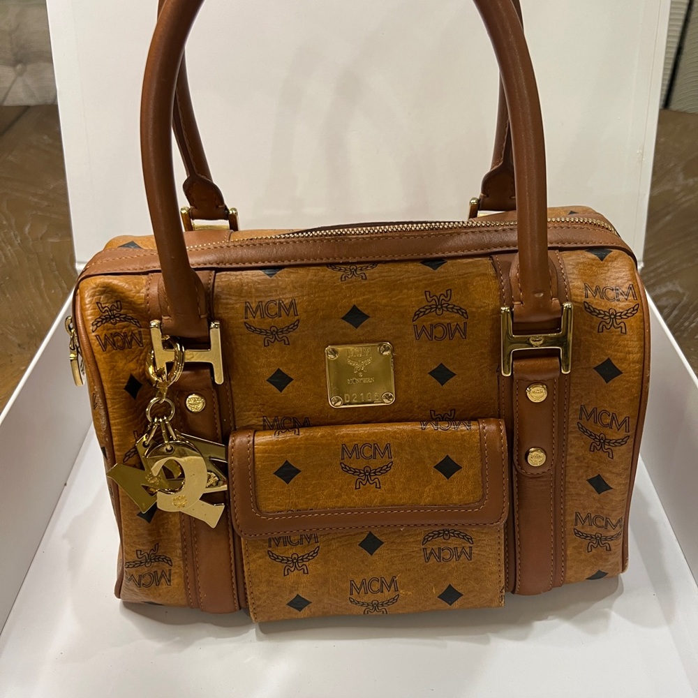 Mcm Visetos Cognac Boston Tote